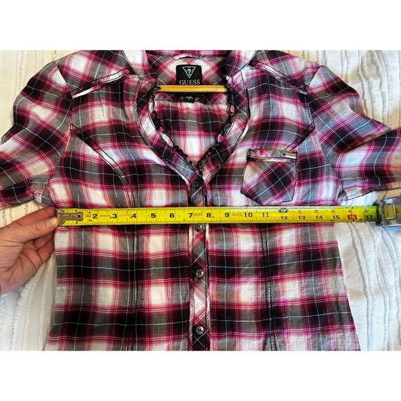 Guess Western Y2K Style Pink Black Plaid Women’s Ruffled Button Up Medium - Picture 7 of 7